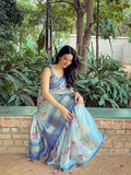 Blue Elegance with Pink Petals Radiant Satin Saree CSB1