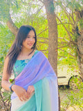 Pastel Ombre Linen saree with Green Floral Blouse