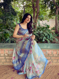 Blue Elegance with Pink Petals Radiant Satin Saree CSB1