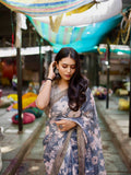 Grey with Frosty Floral Organza Pure Hand work Saree