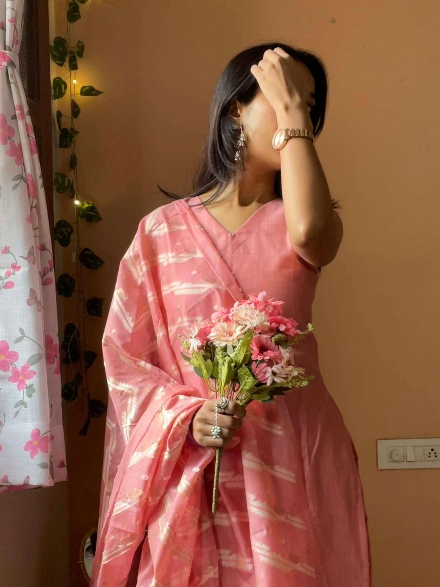 Blush Tana-Bana Ikat Handloom Jacquard Floral Chanderi Suit Set HCS