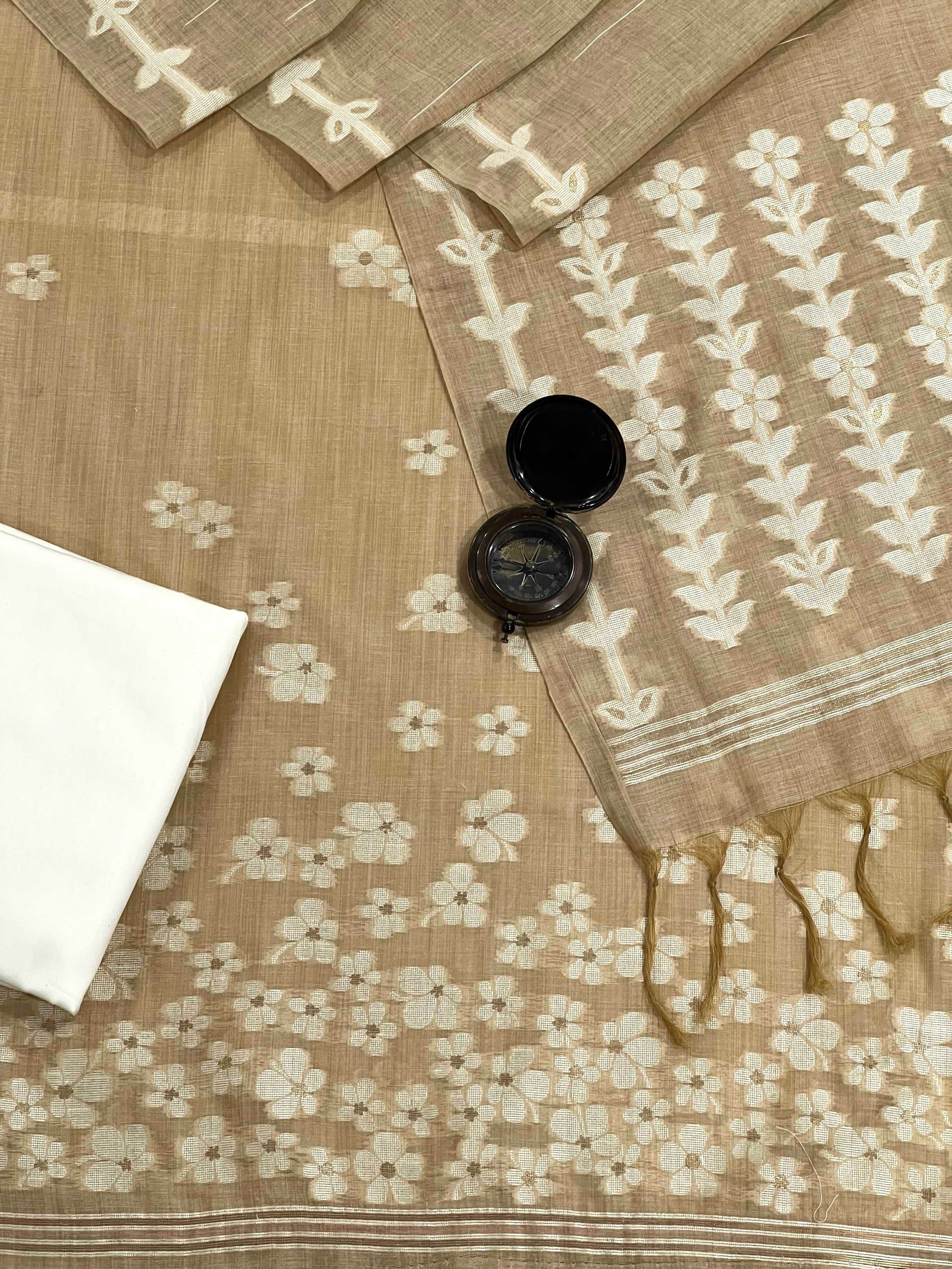 Sophisticated Brown Handloom Jacquard Floral Chanderi Suit Set HCS