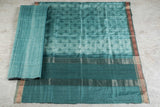 Aqua Green Floral Border Printed - Handloom Chapa 2 piece Set