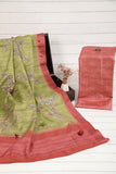 Pure Dusty Pink and Green Hand Kantha Work Dupatta In Semi Tussar Suit Set
