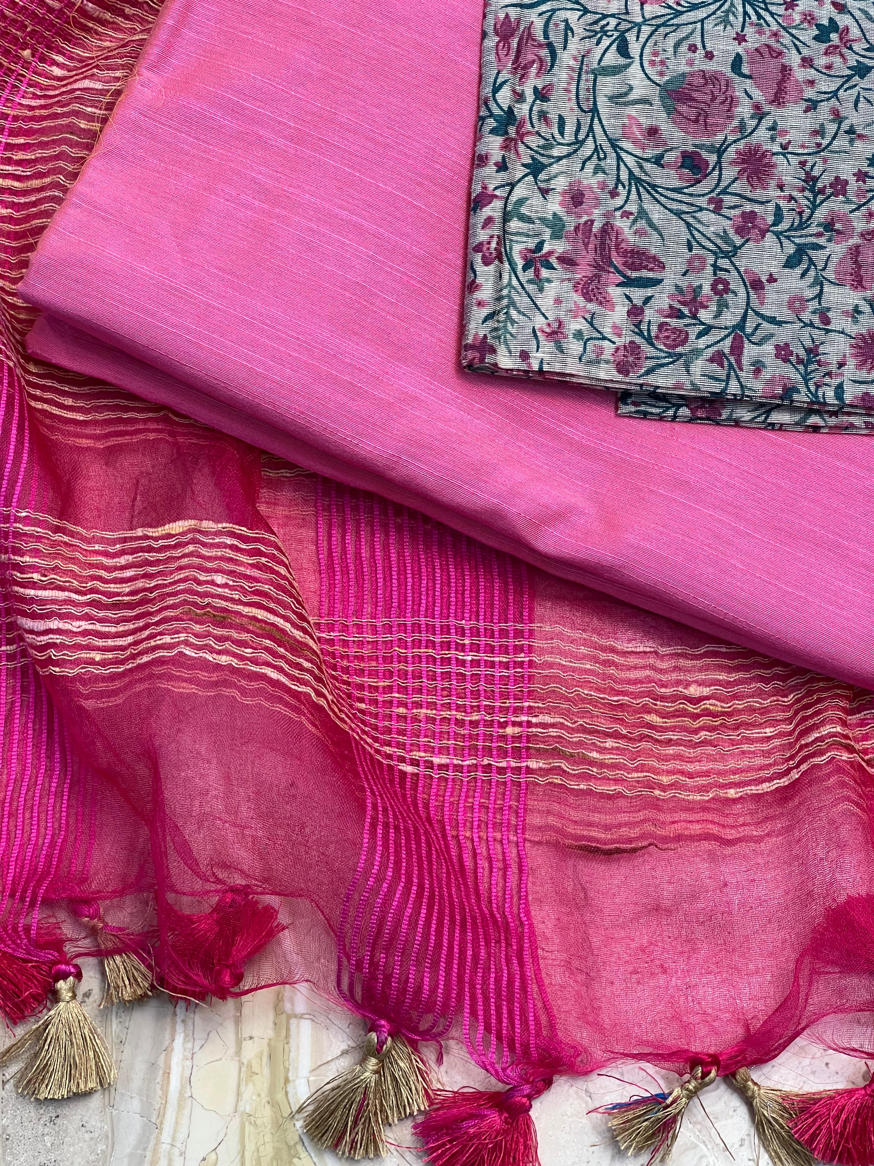 Pink Floral Cotton Silk Unstitched Salwar Suit set CSS