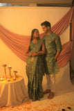 His & Hers Tussar Attire with Elegant Golden Bloom pattern Couple Outfits