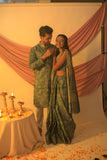 His & Hers Tussar Attire with Elegant Golden Bloom pattern Couple Outfits