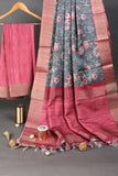 Grey and Pink Floral  Chapa Handloom Tussar Saree C1
