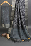 Grey Floral Chapa Handloom Tussar Saree C1