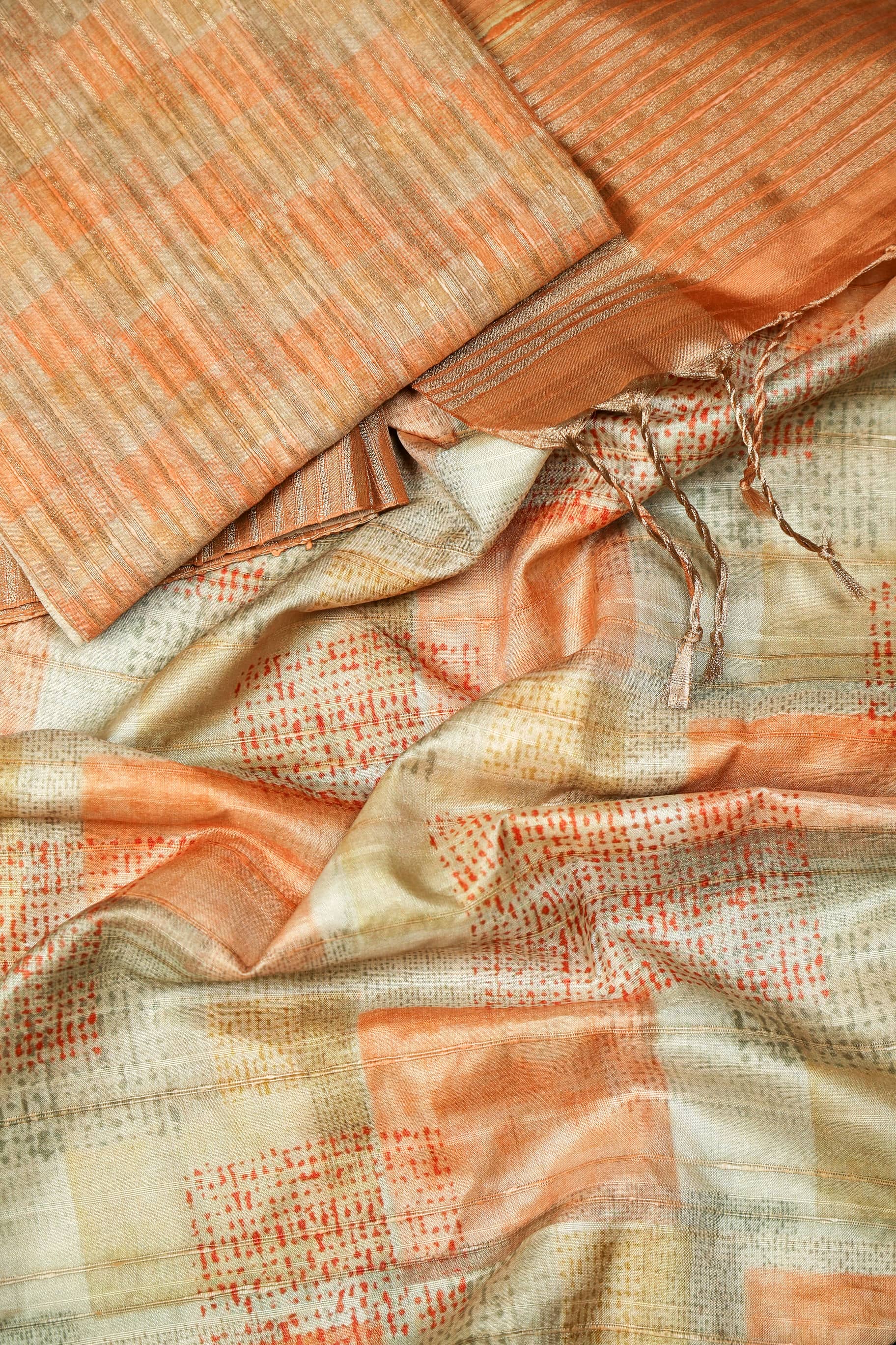 Pastel Orange Chequered Chapa Handloom Tussar Saree C3