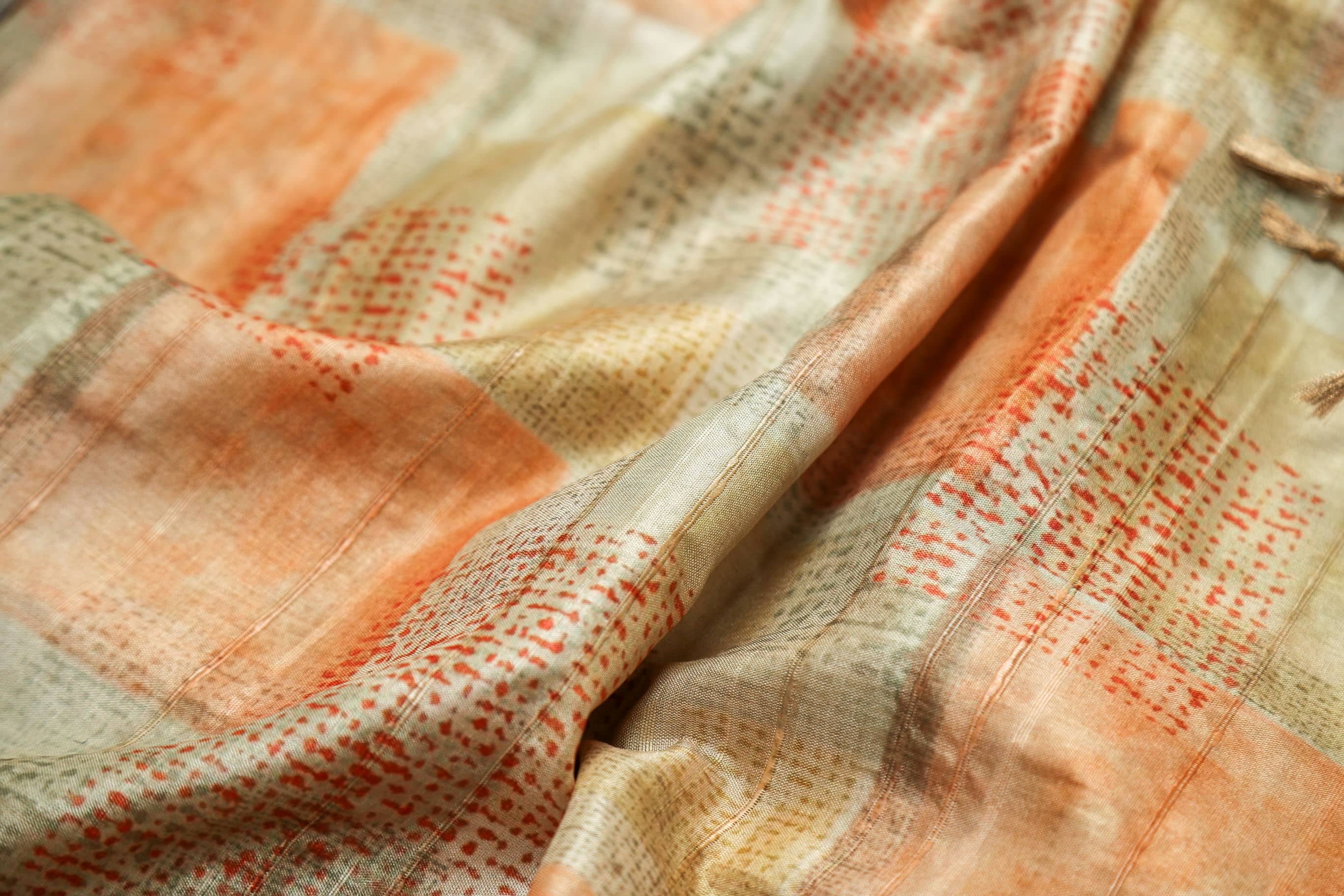Pastel Orange Chequered Chapa Handloom Tussar Saree C3